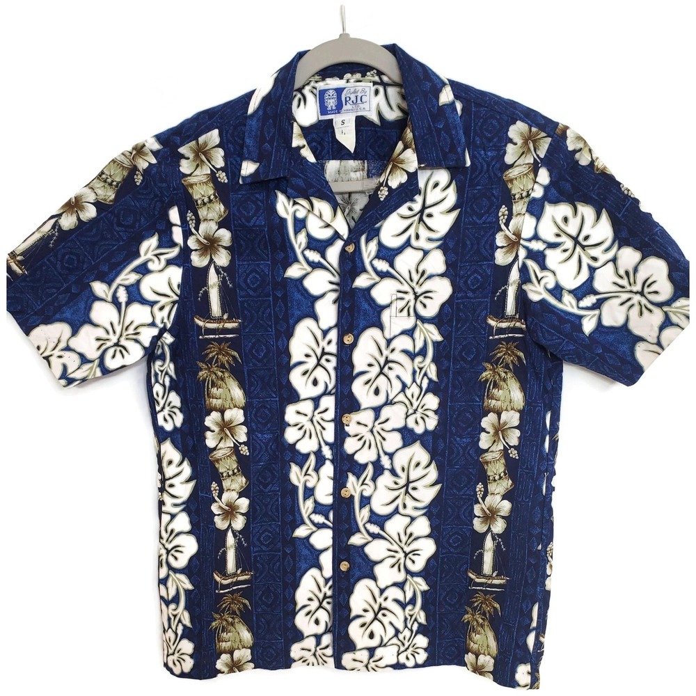 RJC Hawaiian Shirt Mens Small Blue Hibiscus Aloha Button Up Made in Hawaii USA‎